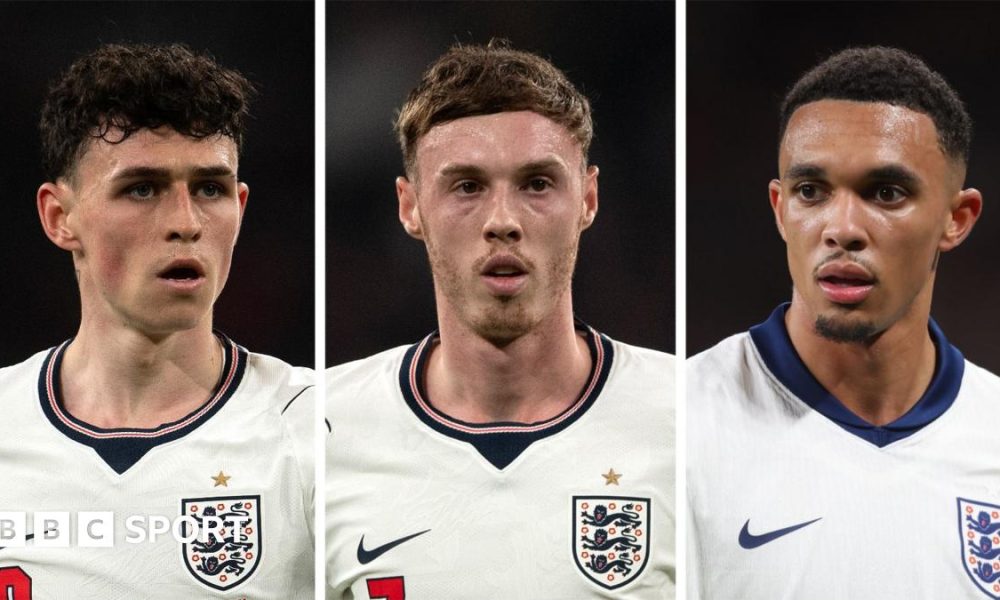 A composite shows headshots of three players wearing England kits while on-field - on the left Phil Foden,  in the centre Cole Palmer and on the right Trent Alexander-Arnold.