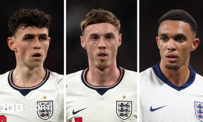 A composite shows headshots of three players wearing England kits while on-field - on the left Phil Foden,  in the centre Cole Palmer and on the right Trent Alexander-Arnold.