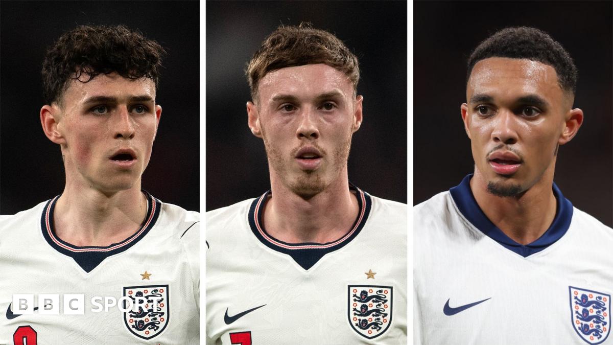 A composite shows headshots of three players wearing England kits while on-field - on the left Phil Foden,  in the centre Cole Palmer and on the right Trent Alexander-Arnold.