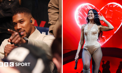 Split image of Anthony Joshua pointing and Dua Lipa peforming