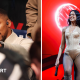 Split image of Anthony Joshua pointing and Dua Lipa peforming