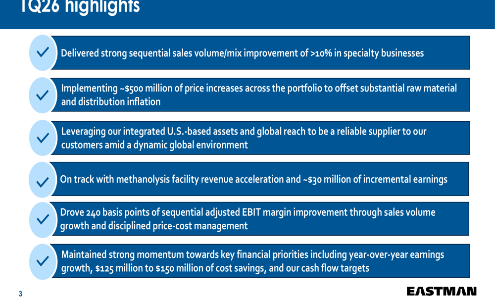 Eastman Q1 2026 slides: geopolitical headwinds met with pricing power