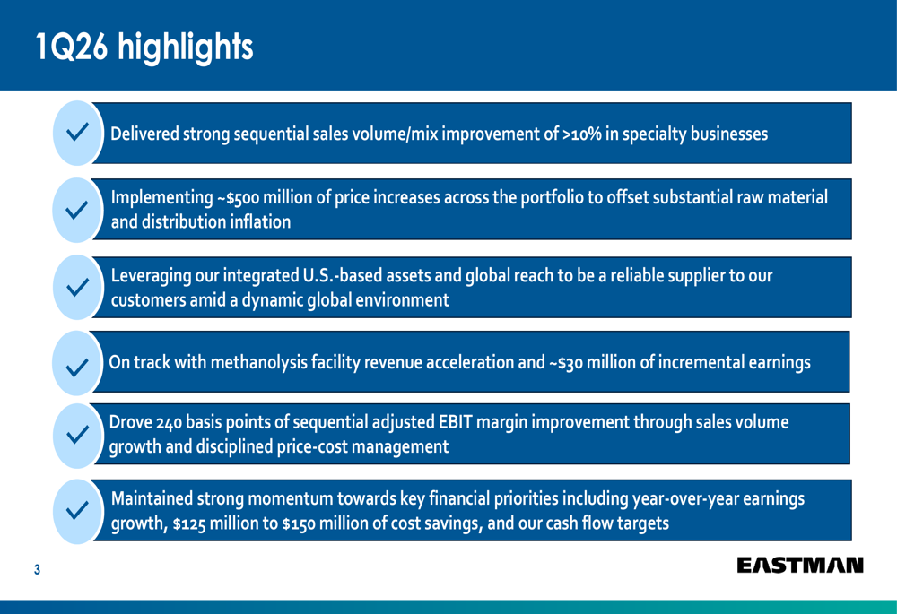 Eastman Q1 2026 slides: geopolitical headwinds met with pricing power