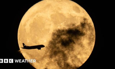 A plane seen flying in front of a Flower Moon