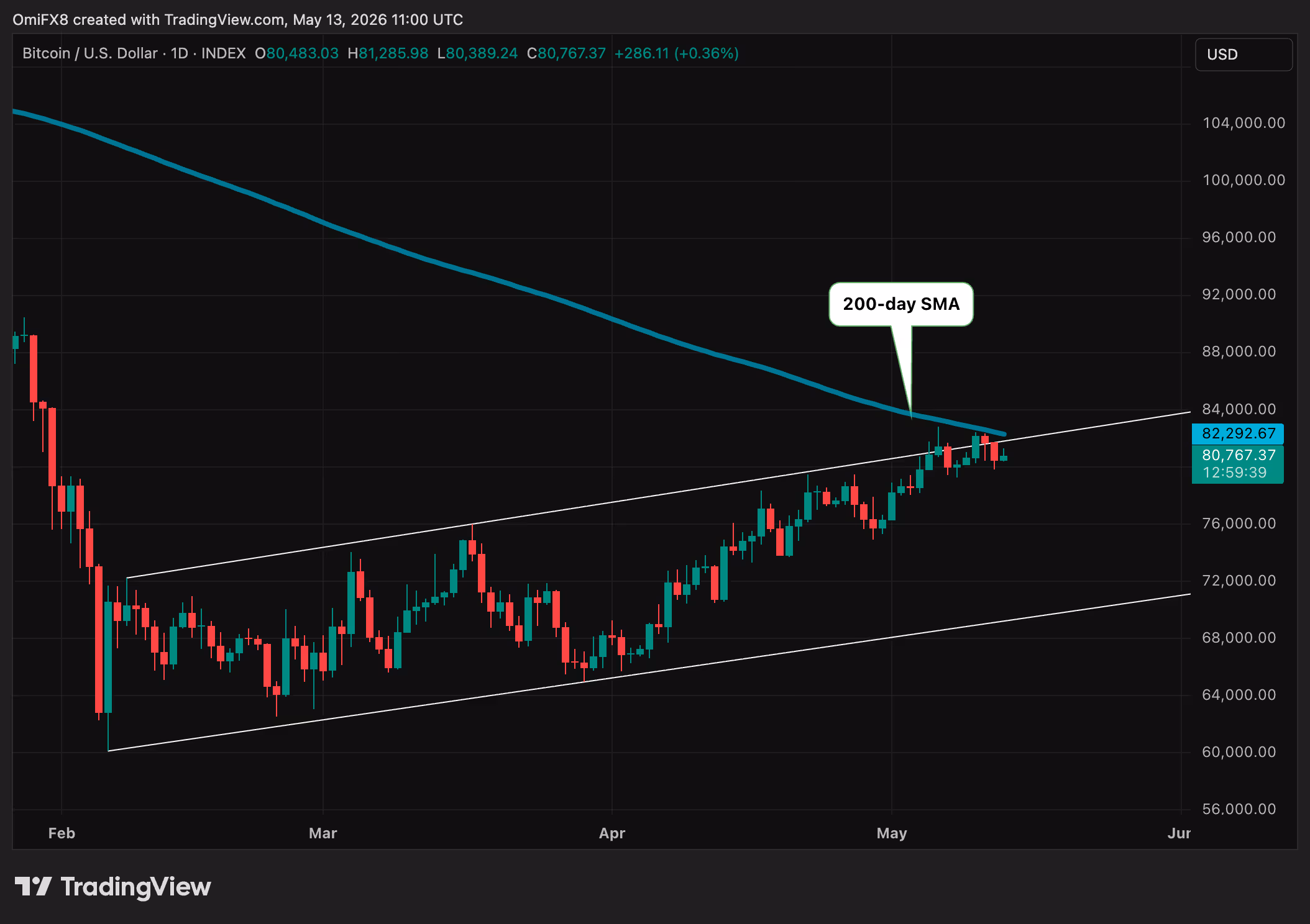 BTC's price action in candlestick format, with the 200-day simple moving average. (TradingView)