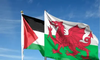 Composite image of Palestine and Wales flags against a blue sky Wales Pension Partnership divestment BDS Senedd