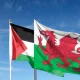 Composite image of Palestine and Wales flags against a blue sky Wales Pension Partnership divestment BDS Senedd