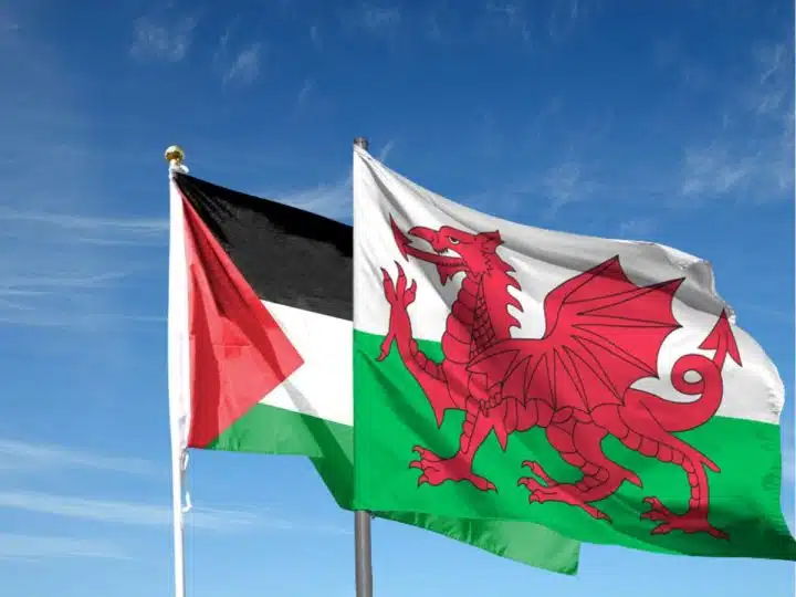 Composite image of Palestine and Wales flags against a blue sky Wales Pension Partnership divestment BDS Senedd