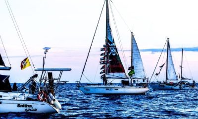 Global Sumud Flotilla boats sailing at twilight