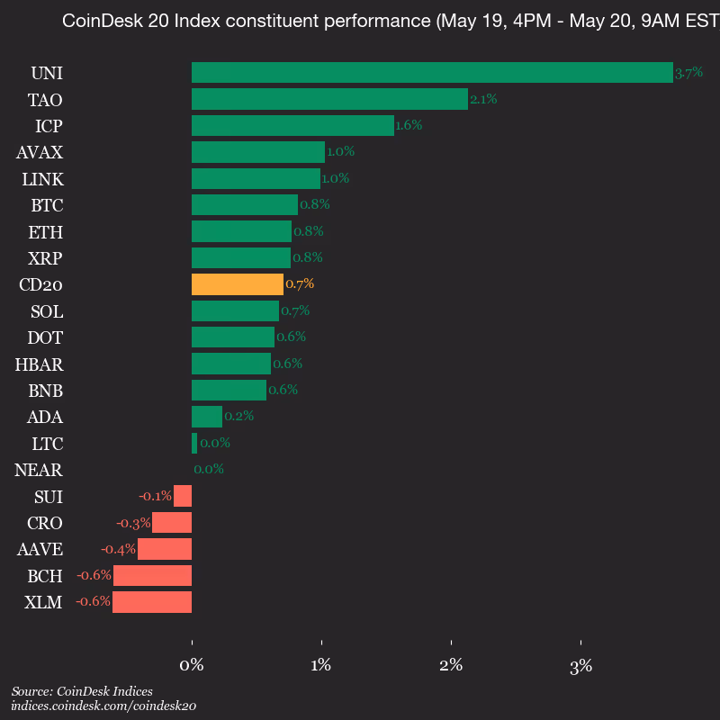 9am CoinDesk 20 Update for 2026-05-20: vertical