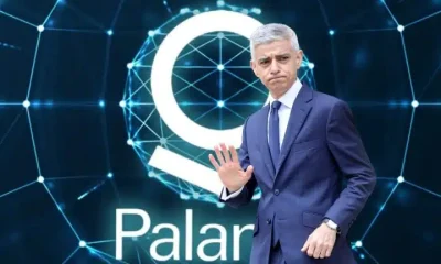 Composite image showing Sadiq Khan in front of Palantir logo