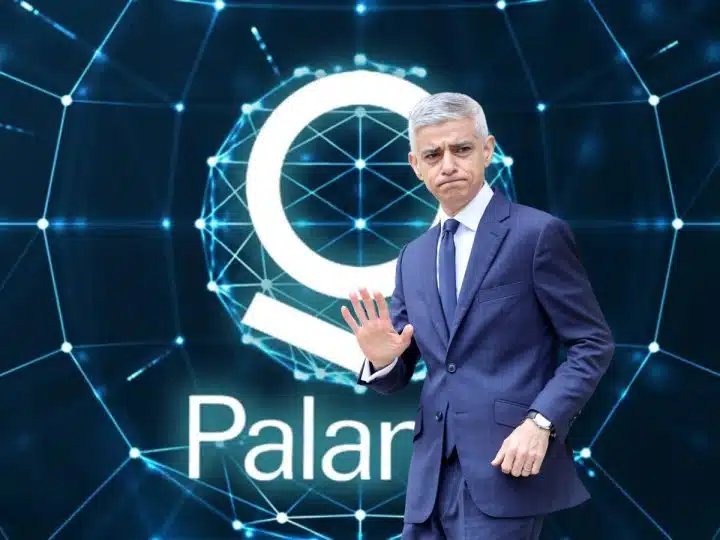 Composite image showing Sadiq Khan in front of Palantir logo