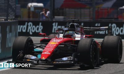 Ferrari's Charles Leclerc turns around a right-hand corner during practice for the Miami Grand Prix