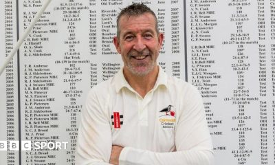 Nigel Martyn in front of the England honours board at Loughborough