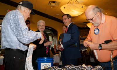 Raffensperger speaks with attendees at a campaign event with the Vinings Rotary Club at a Copeland’s of New Orleans in Atlanta, on April 8, 2026.