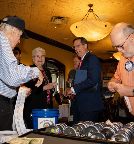 Raffensperger speaks with attendees at a campaign event with the Vinings Rotary Club at a Copeland’s of New Orleans in Atlanta, on April 8, 2026.