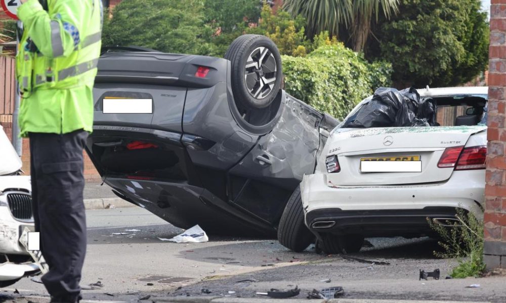 Three-car crash closes Halliwell road with one car on its roof