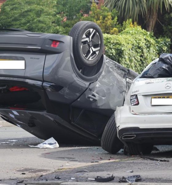 Three-car crash closes Halliwell road with one car on its roof