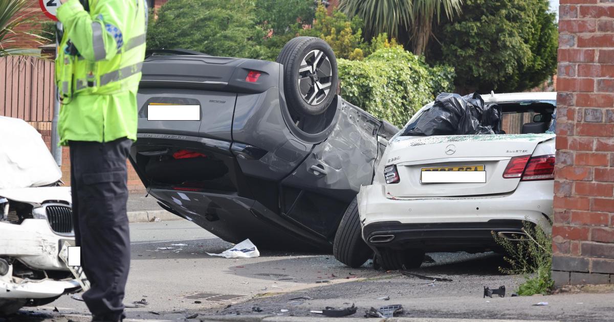 Three-car crash closes Halliwell road with one car on its roof