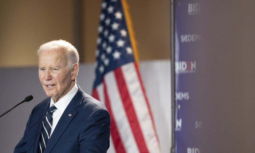 Former President Joe Biden speaks to a crowd during a fundraising event with the South Carolina Democratic Party on February 27, 2026.