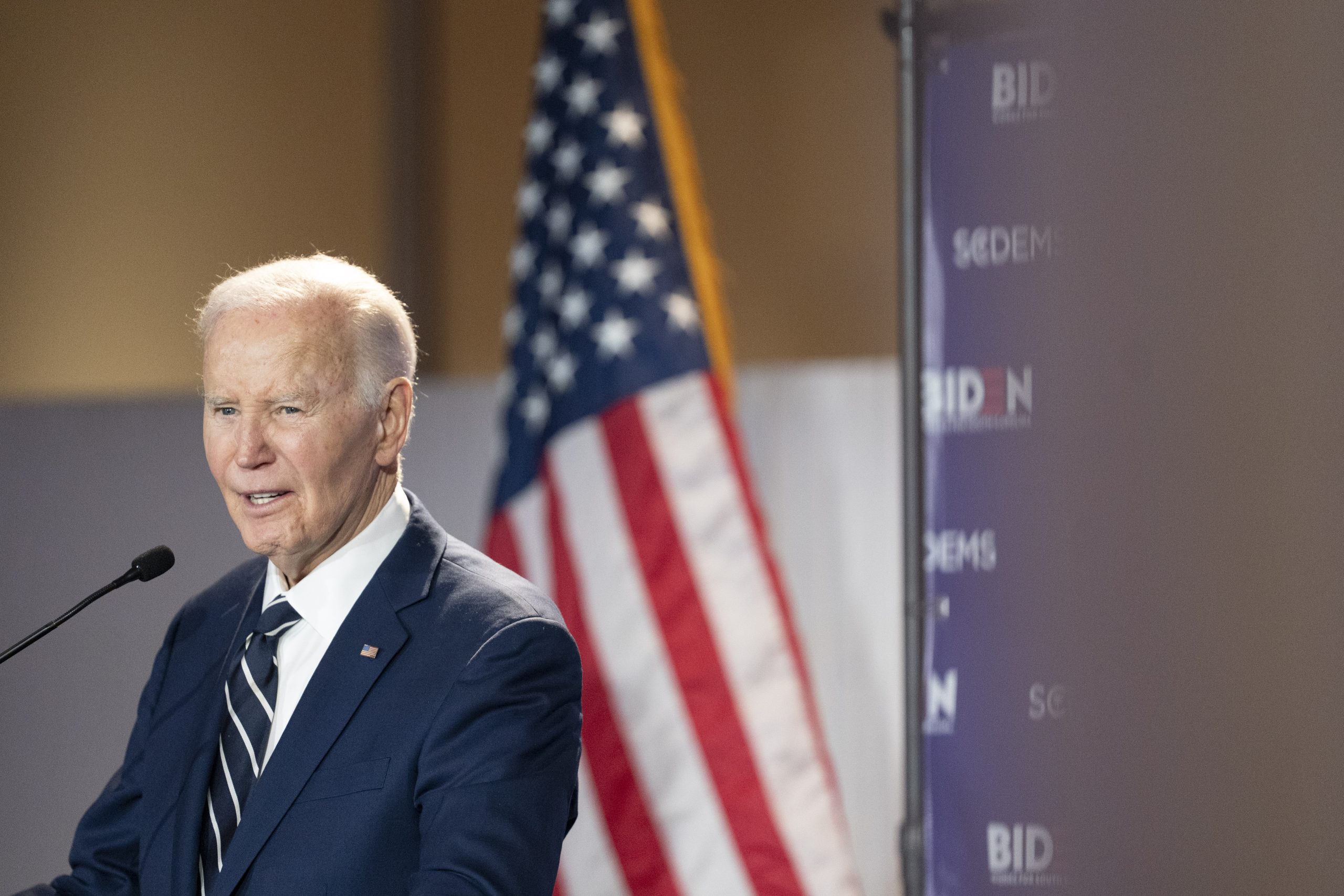 Former President Joe Biden speaks to a crowd during a fundraising event with the South Carolina Democratic Party on February 27, 2026.