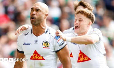 Andrea Zambonin celebrates scoring the winning try for Exeter Chiefs at Leicester Tigers