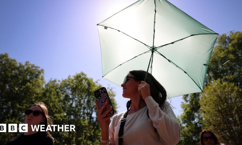 Two women wearing sunglasses on a sunny day. One carrying an umbrella and mobile phone