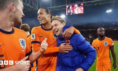 Matthijs de Ligt of Holland, Virgil van Dijk of Holland, Frenkie de Jong of Holland celebrate qualifying for the 2026 FIFA World Cup