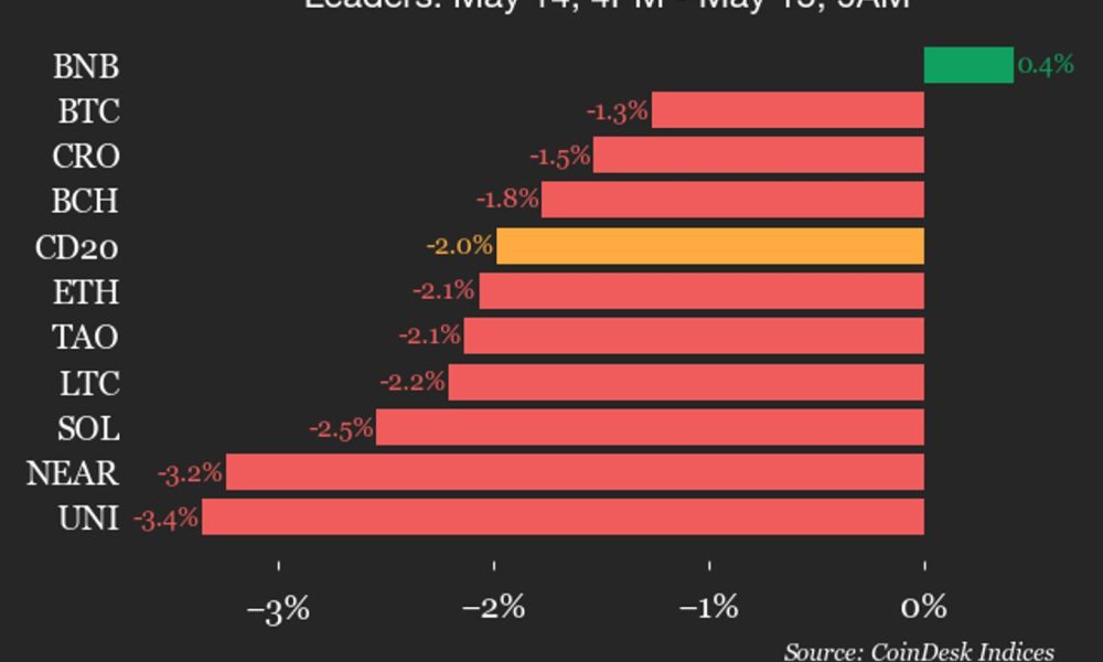 CoinDesk 20 performance update: BNB is only gainer as index drops 2%
