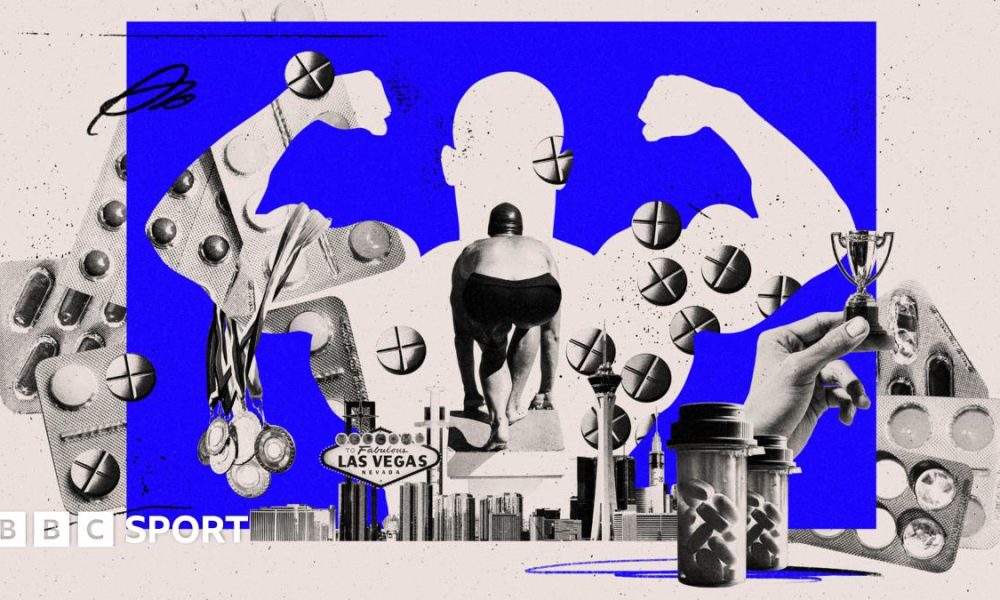 A graphic showing a swimmer, pills, Las Vegas sign and a bulked up silhouette