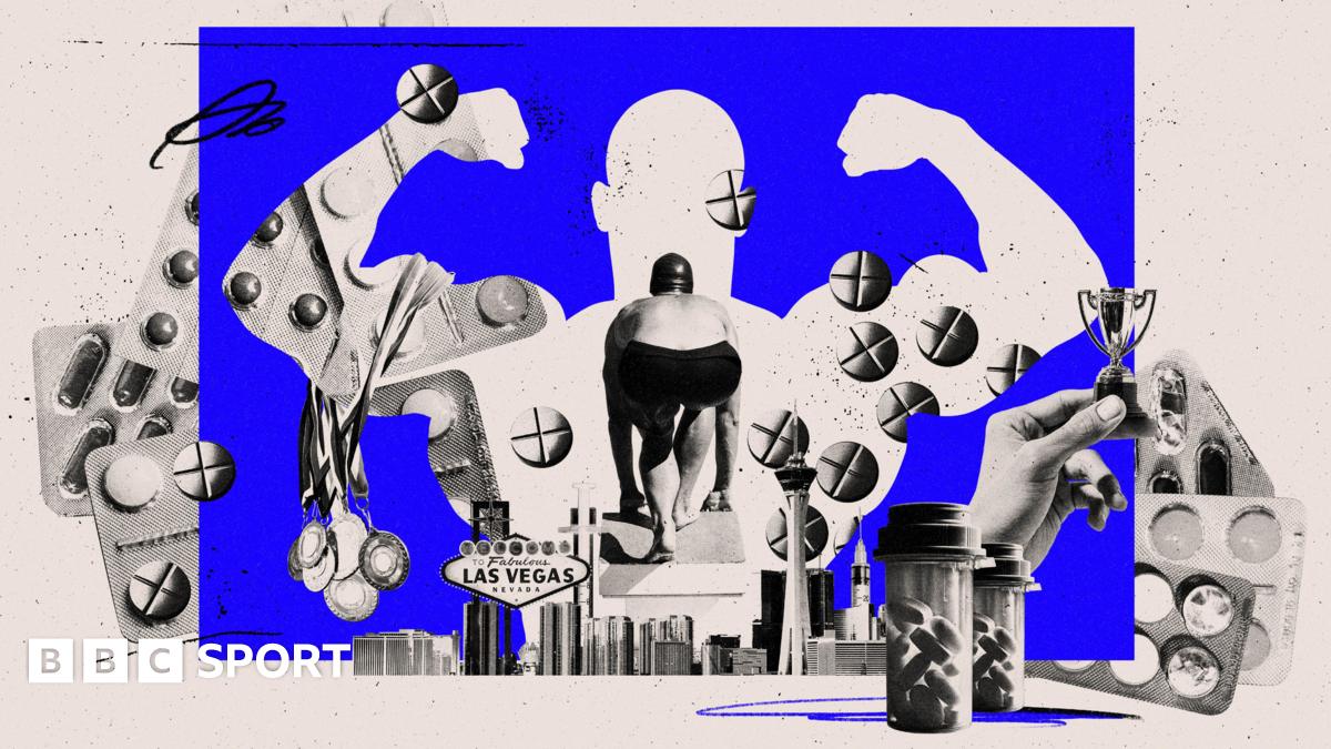 A graphic showing a swimmer, pills, Las Vegas sign and a bulked up silhouette