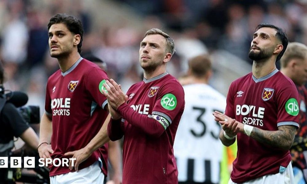 West Ham skipper Jarrod Bowen (centre) after the 3-1 defeat at Newcastle