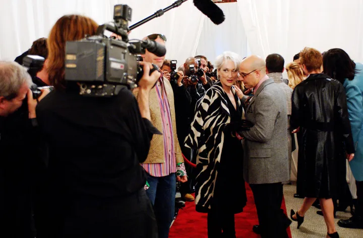 Meryl Streep and Stanley Tucci on the set of The Devil Wears Prada