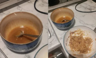 Caramel sauce on the left: the cake dough (not very appealing, sorry) on the right