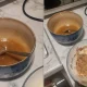 Caramel sauce on the left: the cake dough (not very appealing, sorry) on the right