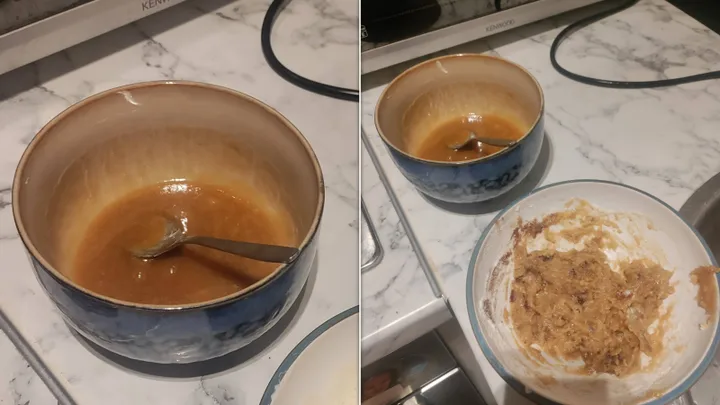 Caramel sauce on the left: the cake dough (not very appealing, sorry) on the right