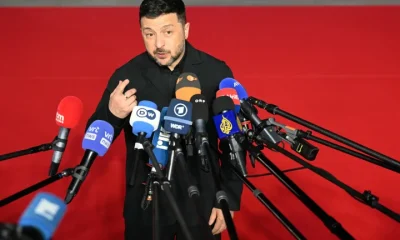 Ukrainian President Volodymyr Zelensky speaks to the media ahead of an informal meeting of the European Council on April 23, 2026.