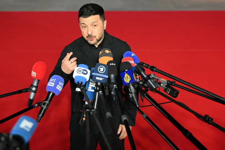 Ukrainian President Volodymyr Zelensky speaks to the media ahead of an informal meeting of the European Council on April 23, 2026.