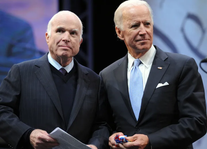 The late Sen. John McCain (R-Ariz.) receives the 2017 Liberty Medal from former Vice President Joe Biden in 2017.