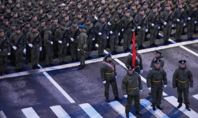 Russian servicemen gather prior to the Victory Day military parade rehearsal in Moscow, Wednesday, April 29, 2026.