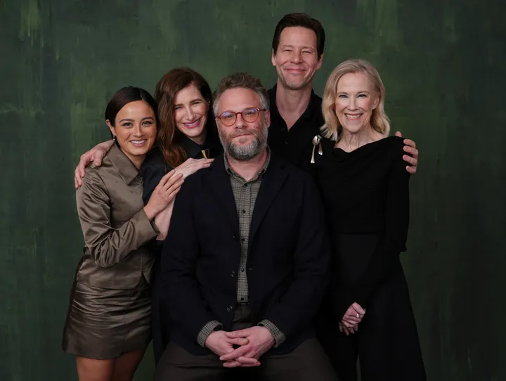 Seth Rogen and Catherine O'Hara pictured with their The Studio co-stars last year