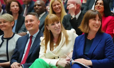 Britain's Rachel Reeves, Shadow Chancellor of the Exchequer, right, Angela Rayner Deputy Leader of the Labour Party, second right, Wes Streeting, Shadow Secretary of State for Health and Social Care, second left, and Yvette Cooper, Shadow Secretary of State for the Home Department at the launch of The Labour party's 2024 general election manifesto in Manchester, England, Thursday, June 13, 2024.