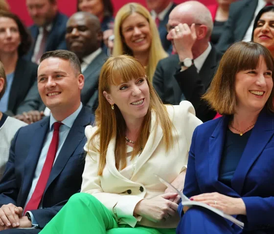 Britain's Rachel Reeves, Shadow Chancellor of the Exchequer, right, Angela Rayner Deputy Leader of the Labour Party, second right, Wes Streeting, Shadow Secretary of State for Health and Social Care, second left, and Yvette Cooper, Shadow Secretary of State for the Home Department at the launch of The Labour party's 2024 general election manifesto in Manchester, England, Thursday, June 13, 2024.