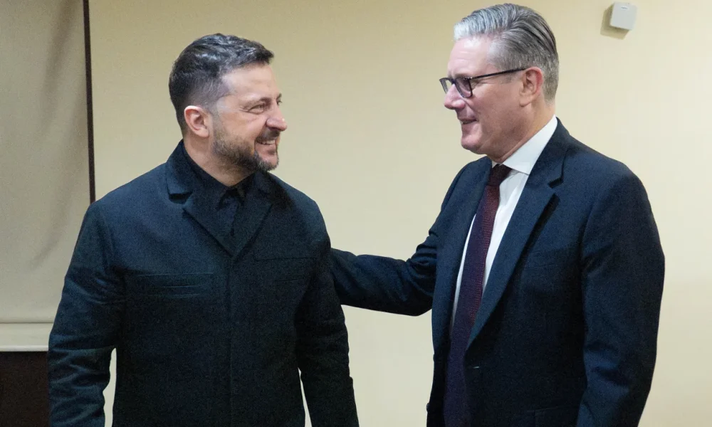 Britain's Prime Minister Keir Starmer (R) and Ukraine's President Volodymyr Zelensky (L) attend a bilateral meeting ahead of the 8th European Political Community (EPC) summit in Yerevan on May 3, 2026.