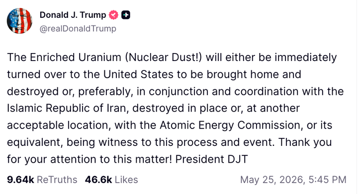 A post by President Donald Trump on his Truth Social platform on Monday.