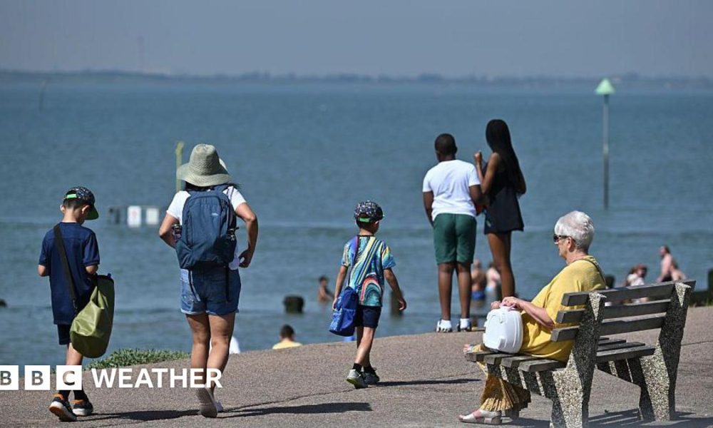 A beach prominade with one lady sitting on a bench while others are walking and looking out to sea
