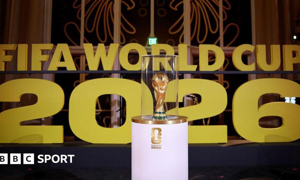 A picture of the Fifa World Cup trophy in front of the words Fifa World Cup 2026.