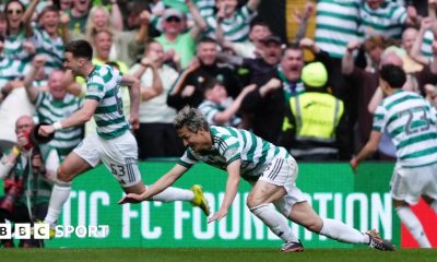 Daizen Maeda scored twice as Celtic beat Rangers to move within a point of Hearts