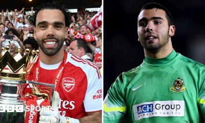 Split image: David Raya holding the Premier League and David Raya playing for Southport