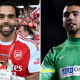Split image: David Raya holding the Premier League and David Raya playing for Southport